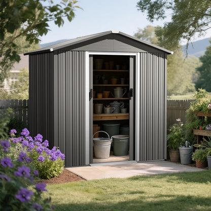 Nuu Garden 6 x 4 FT Outdoor Storage Shed with Sliding Doors, Galvanized Metal Garden Shed with Sloping Roof, Anti-Corrosion Outdoor Tool Shed with Air Vents for Backyard, Patio, Lawn, Gray
