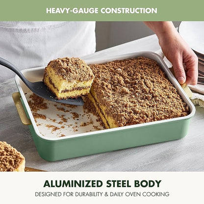 GreenPan Bakeware 13” x 9” Rectangular Cake Pan, Ceramic Nonstick Baking Pan, PFAS & BPA Free, Gold Handles, Durable Steel, Freezer to Oven Dish, Scratch Resistant, Bake & Roast Ovenware, Sage Green
