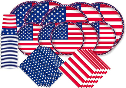 Gatherfun American Flag Patriotic Party Supplies Disposable Napkins Paper Plates and Paper Cups for Veterans Day Election Day 4th of July Independence Day Decorations, Serve 25