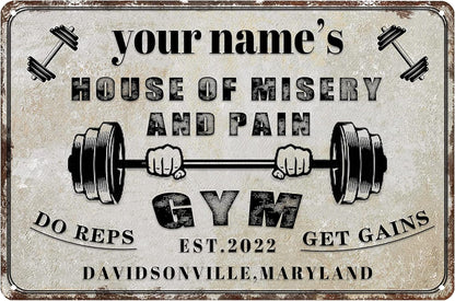 Custom Gym Sign Wall Art Decor Personalized Name Aluminum Metal Sign Retro Workout Room Fitness Center Tin Sign - house of misery and pain