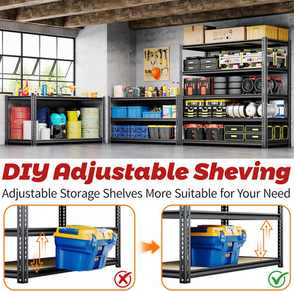 48"W Garage Shelving, 2650LBS Storage Shelves heavy duty, 5 Tier Metal Shelving Unit Adjustable Garage Shelves Heavy Duty Shelving for Warehouse,Commercial, Kitchen, 48" W × 24" D × 72" H, Black，2PCS