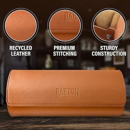 Barton Leather Watch Roll for 3 Watches | Convenient Organizer Case for Travel & Storage | Fits Classic & Smart Watches (Up to 46mm) | Compact, Durable, Lightweight, Stylish - Brown
