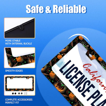 Halloween License Plate Frame Pumpkin Bats License Plate Stainless Steel Funny License Plate Holder for Men Women Universal Colorful Car Accessories Decoration 12.3" x 6.3"