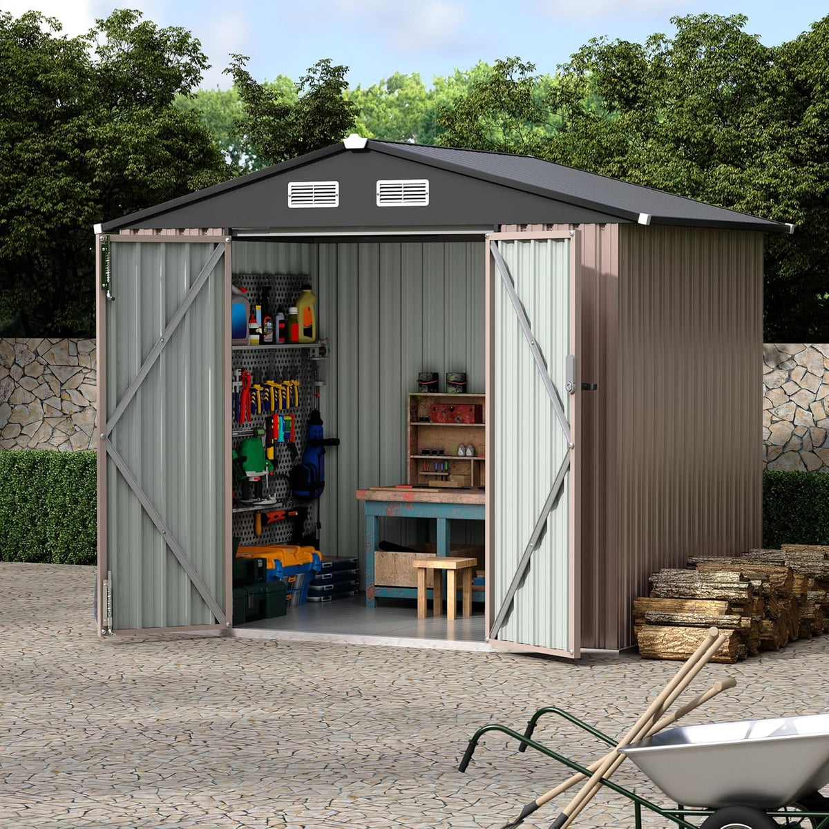 6x8 FT Metal Storage Sheds Outdoor with Floor, Metal ToolShed with Lockable Door, Metals Yard Sheds Metals Garden Shed Kit, MetalUtility Sheds Buildings with Air Vent for Backyard Garden Patio Lawn