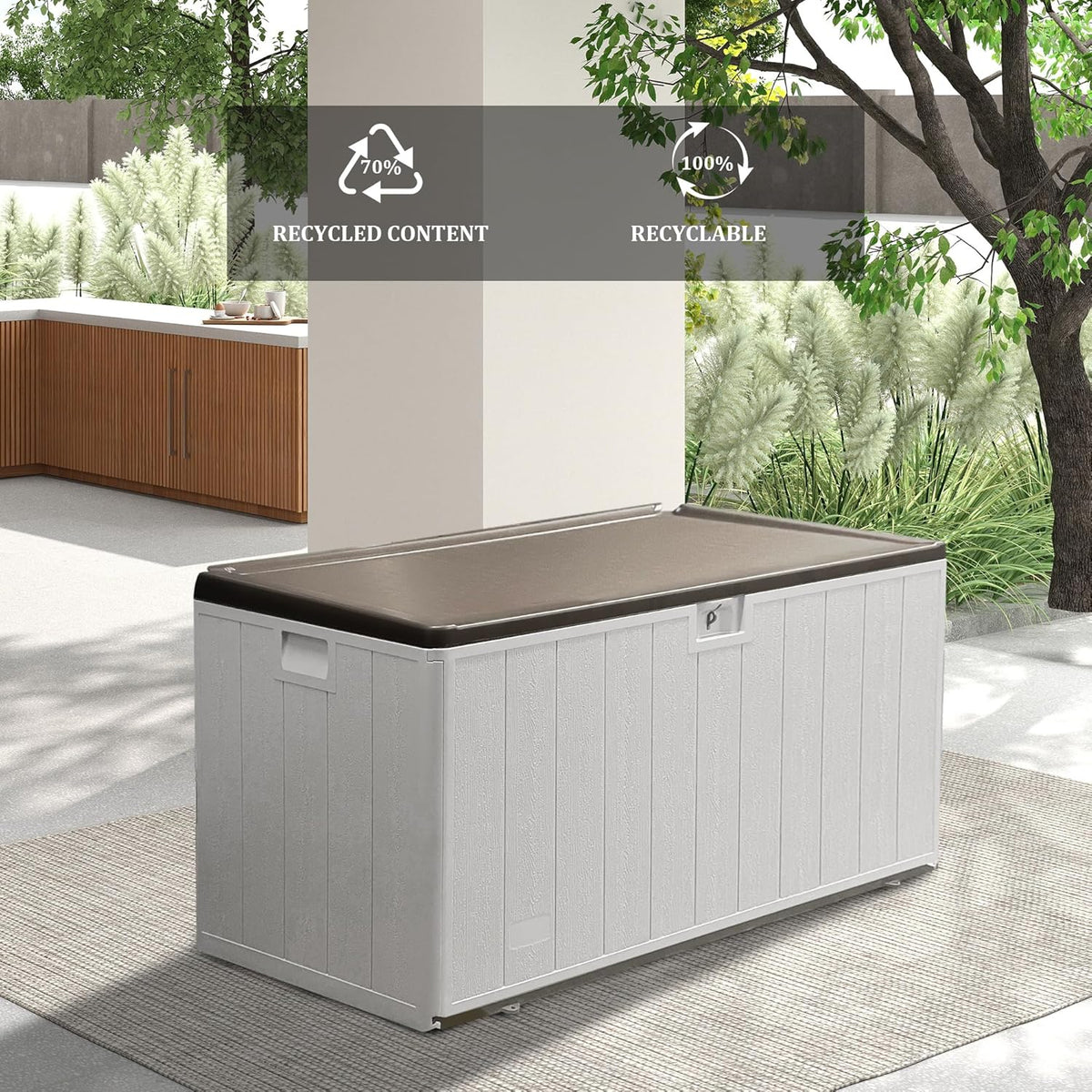 110 Pro Gallon Resin Deck Box, Waterproof Outdoor Storage Bin for Patio, Poolside, and Garden, Lockable & UV-Resistant, Ideal for Small Spaces, Coffee