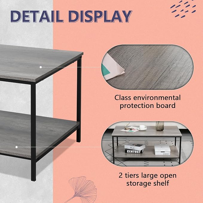 SENIG 2-Tier Coffee Table with Storage Shelf for Living Spaces, Grey Oak Rectangle Wood and Sturdy Metal Side End Table, Functional Center Table for Living Room, 39.3 x 20 x 16