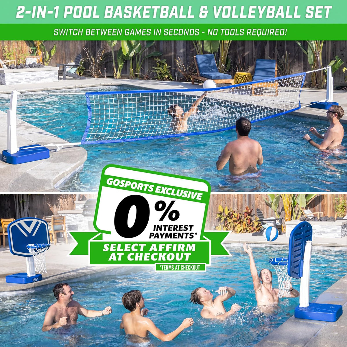 GoSports Splash Hoop 2-in-1 Full Court Pool Basketball & Volleyball Game Set