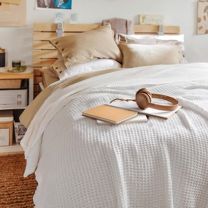 Bedsure 100% Cotton Blanket Twin XL Size for College Dorm - Breathable and Soft, Waffle Weave Twin Blanket for Summer, Dorm Room Essentials, White, 66x90 inches
