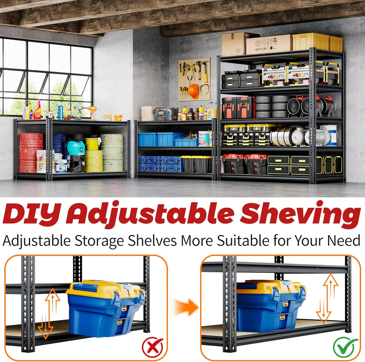 72"H Storage Shelves heavy duty, 2200LBS Garage Shelving, 5 Tier Metal Shelving Unit Adjustable Garage Shelves Utility Rack Shelf for Storage Warehouse Pantry Closet,40" W × 20" D × 72" H, Black, 2PCS