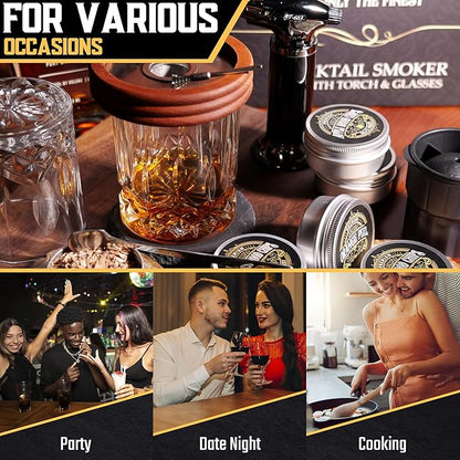 Whiskey Smoker Kit | Cocktail Smoker Kit| Bourbon Smoker Kit| Old Fashioned Smoker Kit with Torch & Glasses, 6 Wood Chips & Gift Box for Smoking Drinks| Whiskey Gift for Men (No Butane Incl.)
