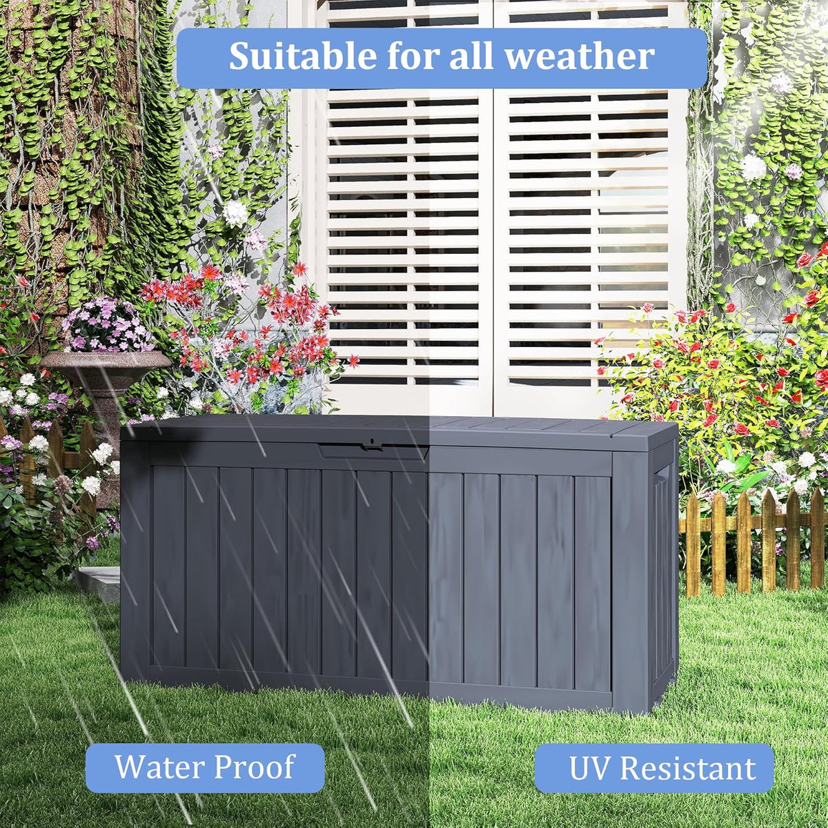 90 Gallon Lockable Resin Deck Box with Wheels, Waterproof & UV-Resistant Outdoor Storage Box for Outdoor Cushion Storage, Garden Tools & Pool Accessories Storage, Black