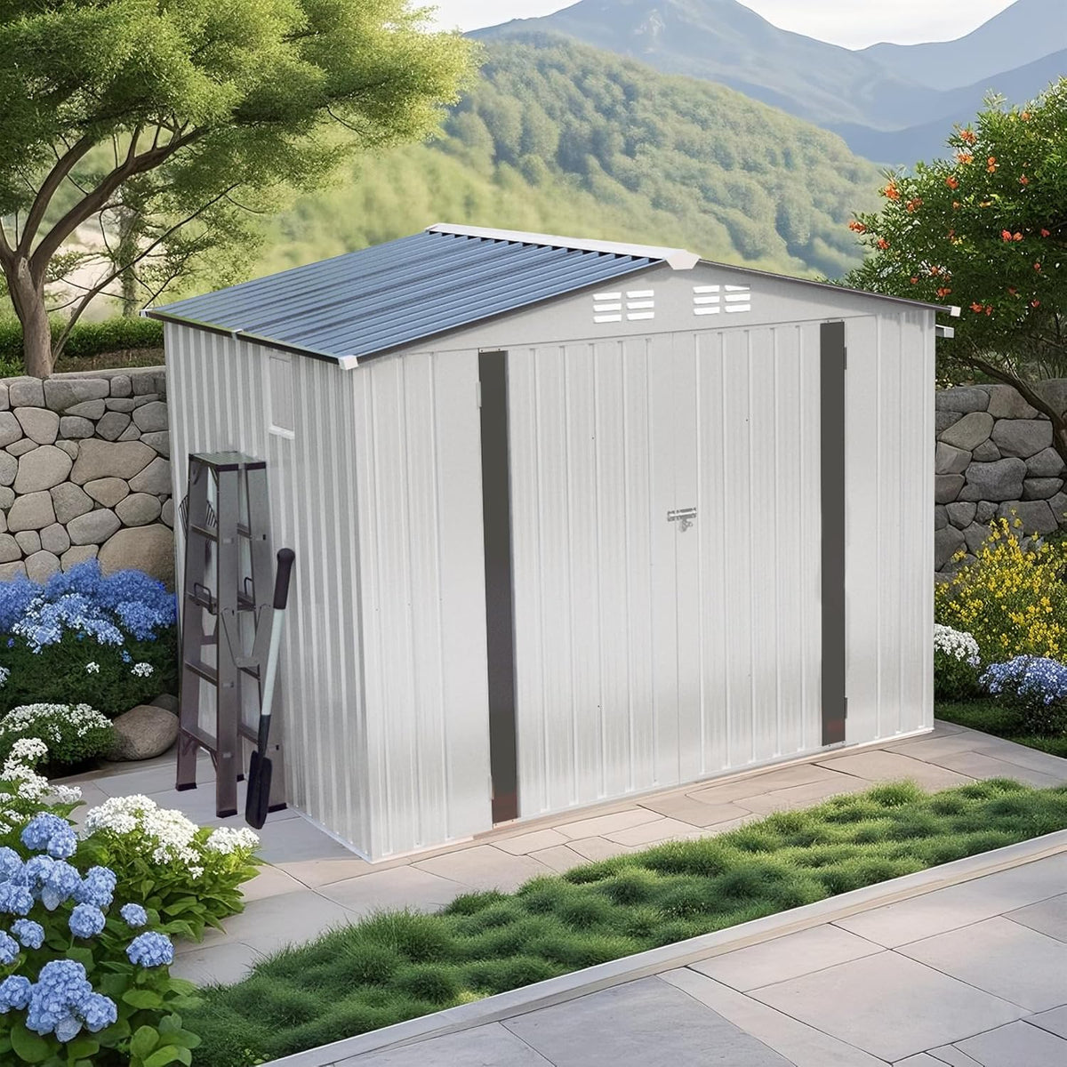 8X6 FT Outdoor Storage Shed with Window, Metal Garden Sheds w/Lockable Door and Vents, Waterproof Steel Tool House for Backyard, Patio, Lawn, Sundries & Utility Storage, White