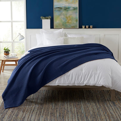 100% Cotton Waffle Weave Bed Blanket | Soft, Breathable, and Lightweight Blanket for All-Season | Perfect for Layering | Brielle Collection (King, Navy)