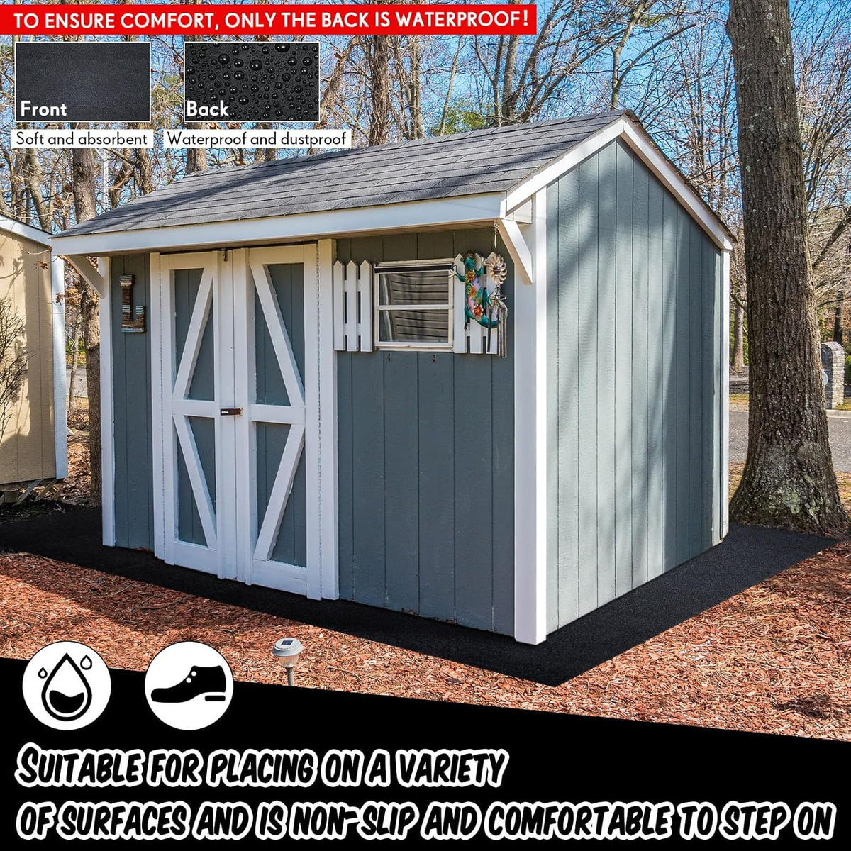 Haull Waterproof Outdoor Storage Shed Mat, 10x10 ft, Felt Surface, Non Slip Backing, Washable, Storage Shed Not Included