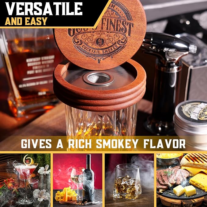 Whiskey Smoker Kit | Cocktail Smoker Kit| Bourbon Smoker Kit| Old Fashioned Smoker Kit with Torch & Glasses, 6 Wood Chips & Gift Box for Smoking Drinks| Whiskey Gift for Men (No Butane Incl.)