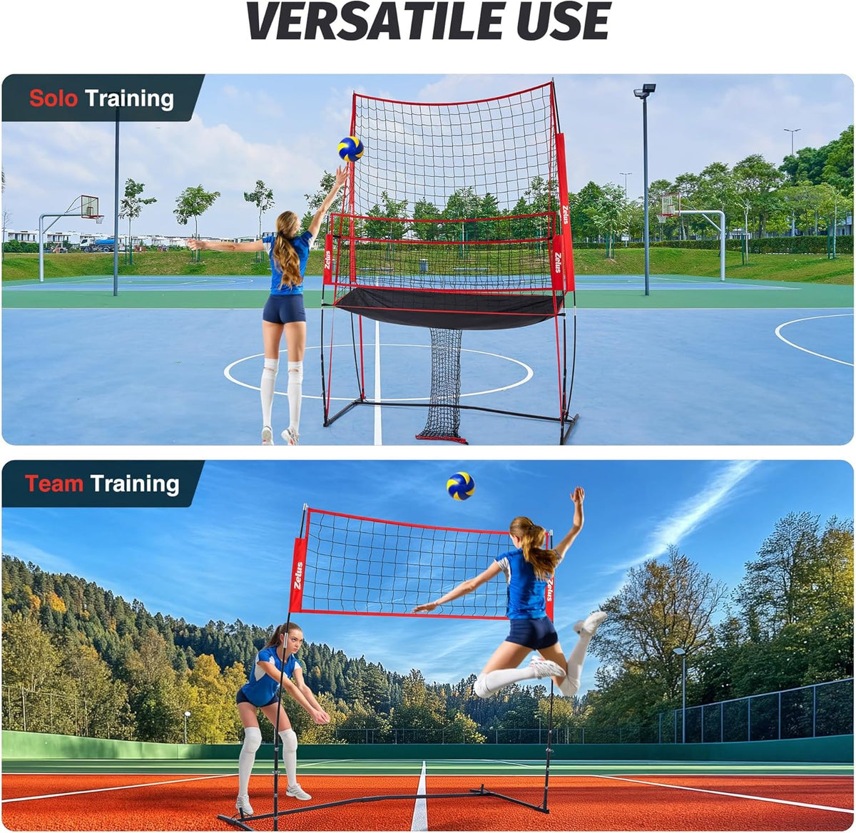 ZELUS Volleyball Training Equipment, 11x8 ft Volleyball Practice Net Station with Adjustable Height & Ball Return