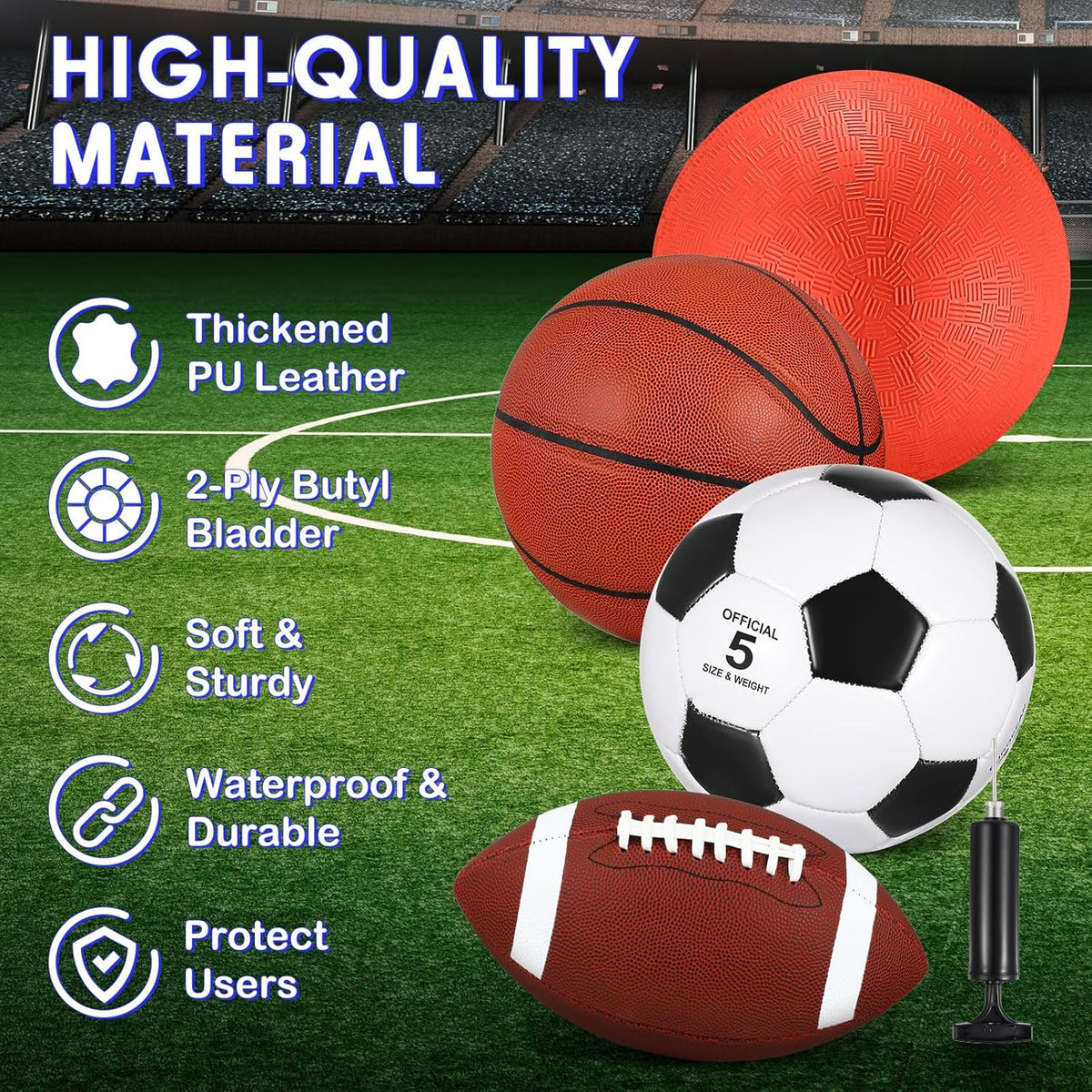 HyDren Sports Balls Set for Teen Adult, Include Official Size Basketball Soccer Ball Football Playground Ball with Pump and Equipment Carry Bag Sports Gift Back to School
