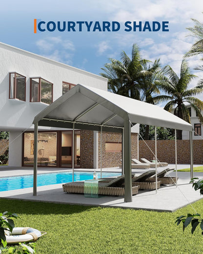 10x20ft Metal Carport Garage with PE Fabric and Galvanized Steel Frame Leg Wrap Carport for Outdoor Shelter for Cars, Trucks and Boats - Gray