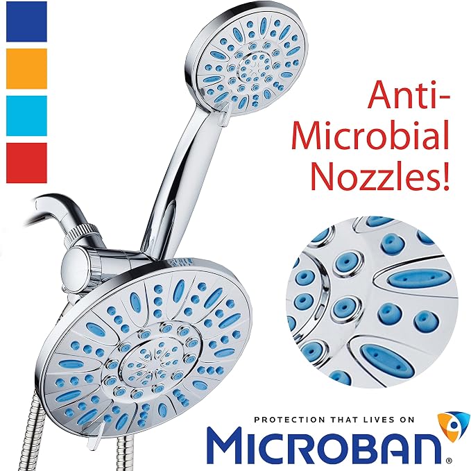 Antimicrobial/Anti-Clog High-Pressure 30-setting Rainfall Shower Combo by AquaDance with Microban Nozzle Protection from Growth of Mold Mildew & Bacteria for Stronger Shower! Wave Blue