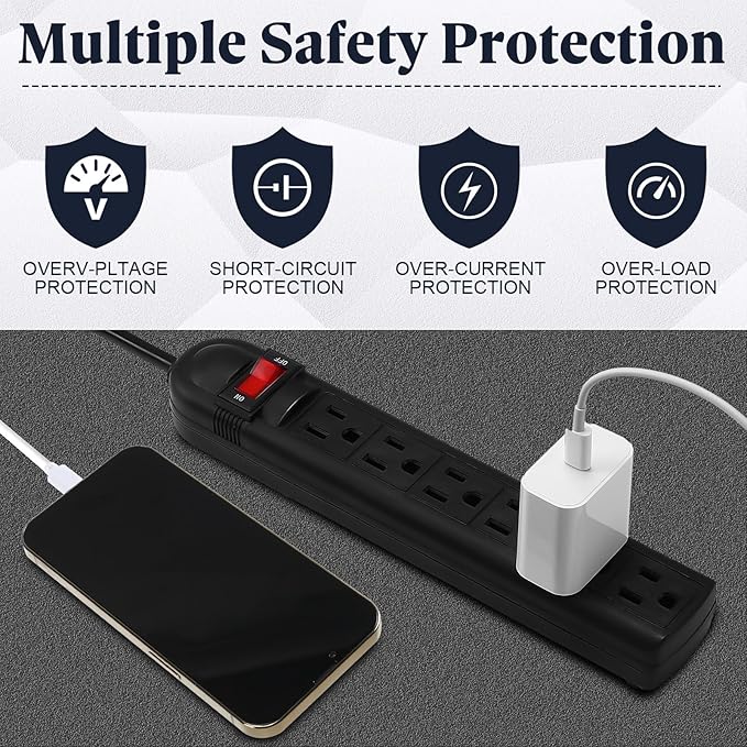 Hoteam 10 Pcs Power Strip Bulk 6 Outlet Surge Protector Power Cord Electrical Extension Cord with Switch Low Profile Plug Flat for Home Office(2 ft,Black)
