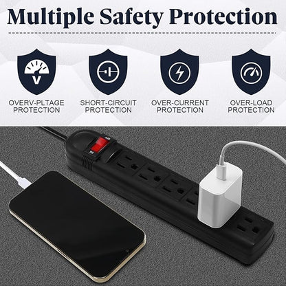 Hoteam 10 Pcs Power Strip Bulk 6 Outlet Surge Protector Power Cord Electrical Extension Cord with Switch Low Profile Plug Flat for Home Office(2 ft,Black)