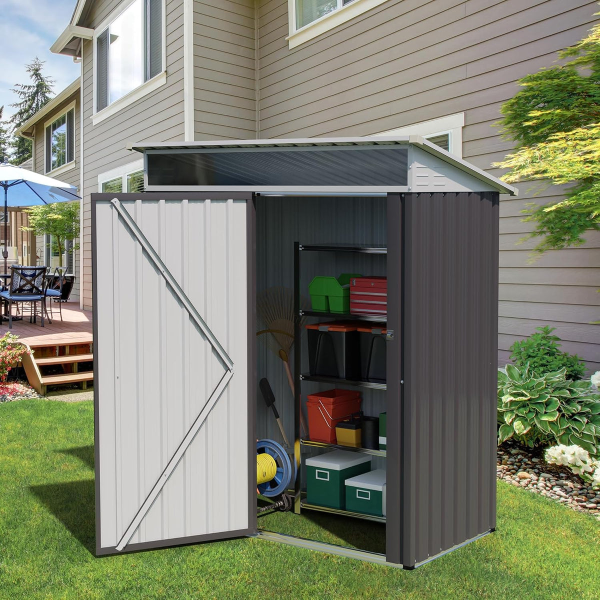 Vongrasig 5 x 3 x 6 FT Outdoor Storage Shed Clearance, Metal Garden Shed with Large Window and Lockable Door, Anti-Corrosion Waterproof Tool Shed for Backyard Patio, Lawn (Dark Gray)