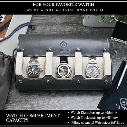 Watch Travel Case for Men - Mirage Watch Roll Storage and Display 3 slots - Slate Grey/Ivory White Interior Vegan Leather