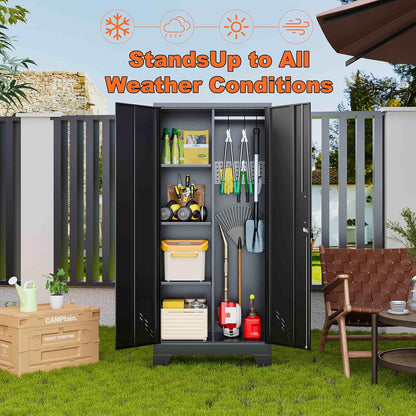 61" H Metal Storage Cabinet, Storage Shed with Shelves for Brooms and mops, Cleaning Supplies Closet with Removable Pegboard for Outdoor, Garage, Utility Room