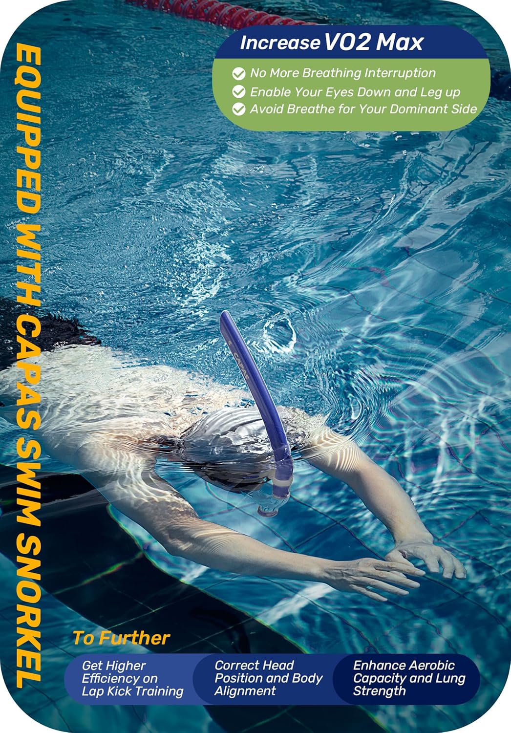 CAPAS Training Swim Snorkel for Lap Swimming, Swivel Headband Ultimate Fit Center-Mount Swimmers Snorkel with Liquid Silicone Mouthpiece Adjustable Strap, Designed for Adult Men Women
