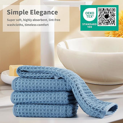 Microfiber Waffle Face Towels, 4 Pieces, Soft, Absorbent, Fast Drying, Lint Free (Blue)