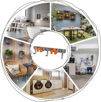 Heavy Duty Broom and Mop Holder Wall Mounted with 2 Rubber Grip Slots & 3 Utility Hooks – SUS304 Stainless Steel, Waterproof, Self Adhesive or Drill Mount, for Garage, Laundry, Kitchen & Closet Use