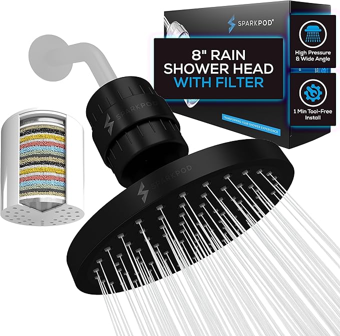 SparkPod Luxury Filtered Shower Head Set 23 Stage Shower Filter - Reduces Chlorine and Heavy Metals - High Pressure Showerhead Filter (8" Round, Midnight Black Matte)
