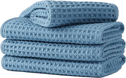 Microfiber Waffle Face Towels, 4 Pieces, Soft, Absorbent, Fast Drying, Lint Free (Blue)