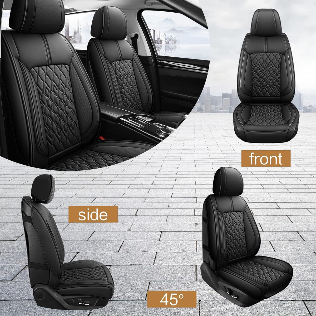 Pariitadin Leather Car Seat Covers Front Pair, Waterproof Breathable Faux Leather Automotive Seat Covers for Cars, Non-Slip Car Interior Covers Universal Fit Most Cars Sedans Trucks SUVs, Black