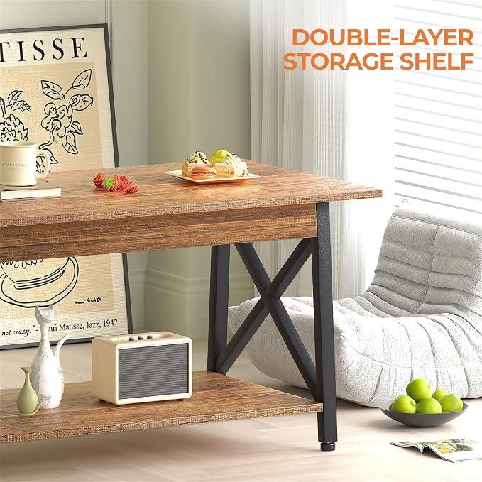 GreenForest Coffee Table with Storage, 39 inch Modern 2-Tier Coffee Tables for Living Room, X-Frame Design Farmhouse Coffee Table Space Saving Living Room Tables, Easy Assembly, Walnut