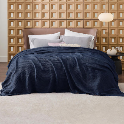Bedsure 100% Cotton Blanket Queen Size for Bed - Breathable and Soft, Waffle Weave Blanket for Summer, Thick Cozy Fall Blankets for Women Gift, Pageant Blue, 90x90 Inches
