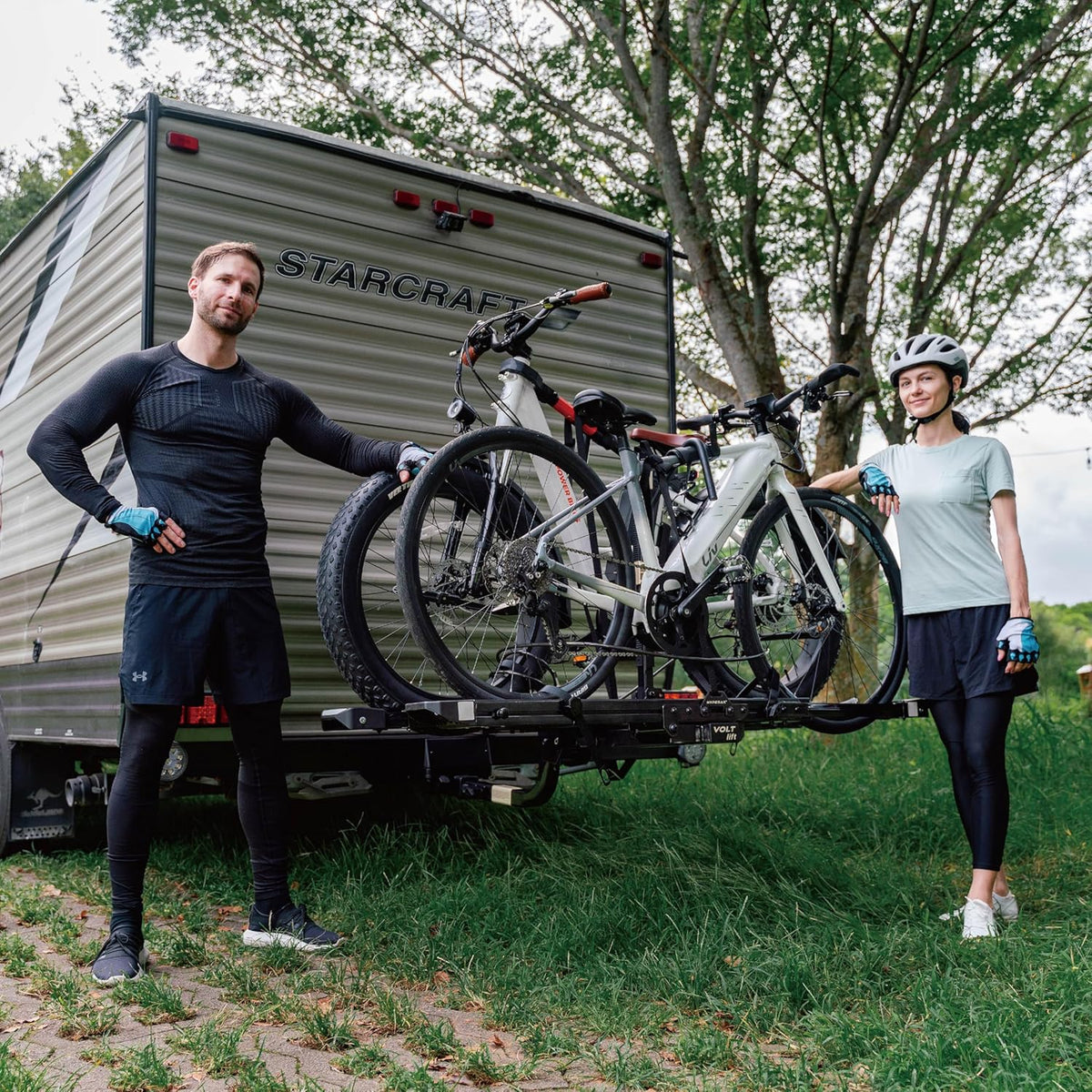 HYPERAX Patented Lift Assisted Volt Lift RV Rated Hitch Mounted 2 E Bike Rack Carrier Up to 2X 80lbs eBikes with Up to 5" Fat Tires for RV and SUV