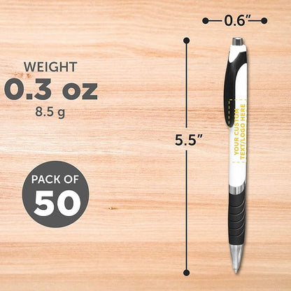 DISCOUNT PROMOS Ballpoint Pens With Rubber Grip - 50 pack - Customizable Text, Logo - Black Ink Ball Point Pen with Soft Touch Plastic - White