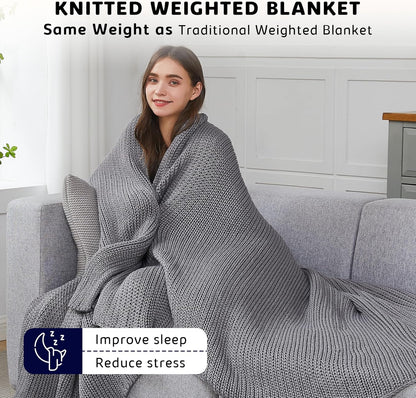 L'AGRATY Knitted Weighted Blanket - 48"x72" 12lbs Cooling Chunky Knit Heavy Blanket for Adults Braided Crochet Throw Thick Cable Yarn Knit Decorative No Beads Evenly Weighted Machine Washable