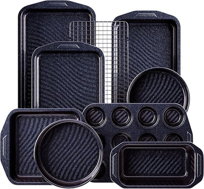 HONGBAKE 9-Piece Non Stick Bakeware Sets with Wave Texture for Reduced Grease, 0.8mm Thick Non Toxic Baking Pans Set, Includes Stackable Cookie Sheets for Oven Cooking, Shimmer Blue