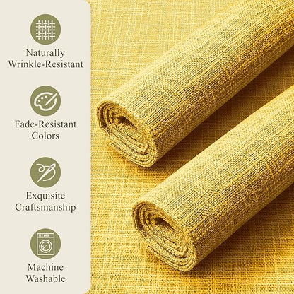 KXN Placemats Set of 6, Dual-Layer Thickened Faux Linen Table Mats, Heat Resistant & Wrinkle-Free, Machine Washable Cloth Place Mats for Kitchen Dining Indoor Outdoor (Yellow)