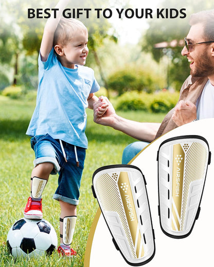 Shin Guards Soccer Kids Youth, CE Certified Airsfish Shin Guard Protection Gear for 2-18 Years Old Boys Girls Teenagers High Impact Resistant Breathable Comfortable 1 Pair 4 Sizes