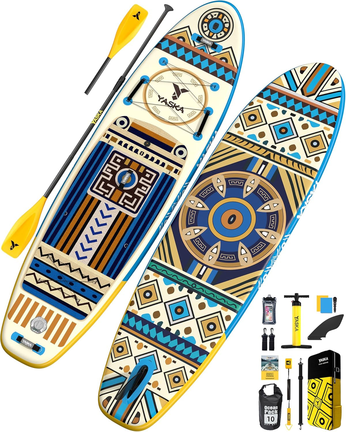 YASKA Inflatable Stand Up Paddle Board - 11ft Extra Wide Paddleboard with Premium SUP Board Accessories,Camera Mount,Non-Slip EVA Deck,5 Handles,Youth/Adult