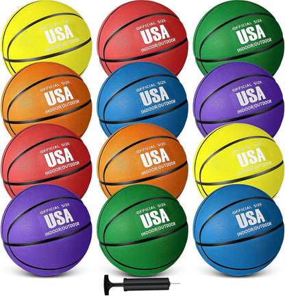 Libima 12 Pcs Rubber Basketballs Bulk with Pump Official Size Multicolor Basket Balls Streetballs Set for Kids Youth Adult Sports Gifts Indoor Outdoor Training Games Back to School