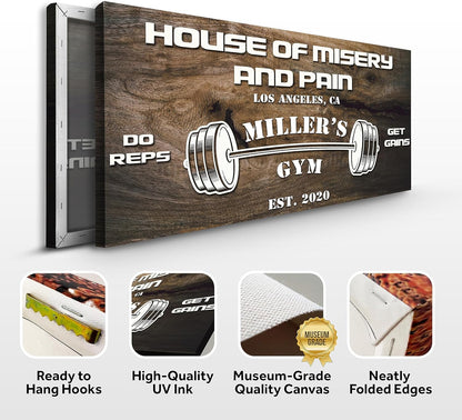 Tailored Canvases Personalized Gym Sign Wall Art Decor - Motivational Canvas for Home Gym, Workout Room, Garage, Fitness Center - Workout Inspirational Posters - House of Misery and Pain, Wooden 60x30in