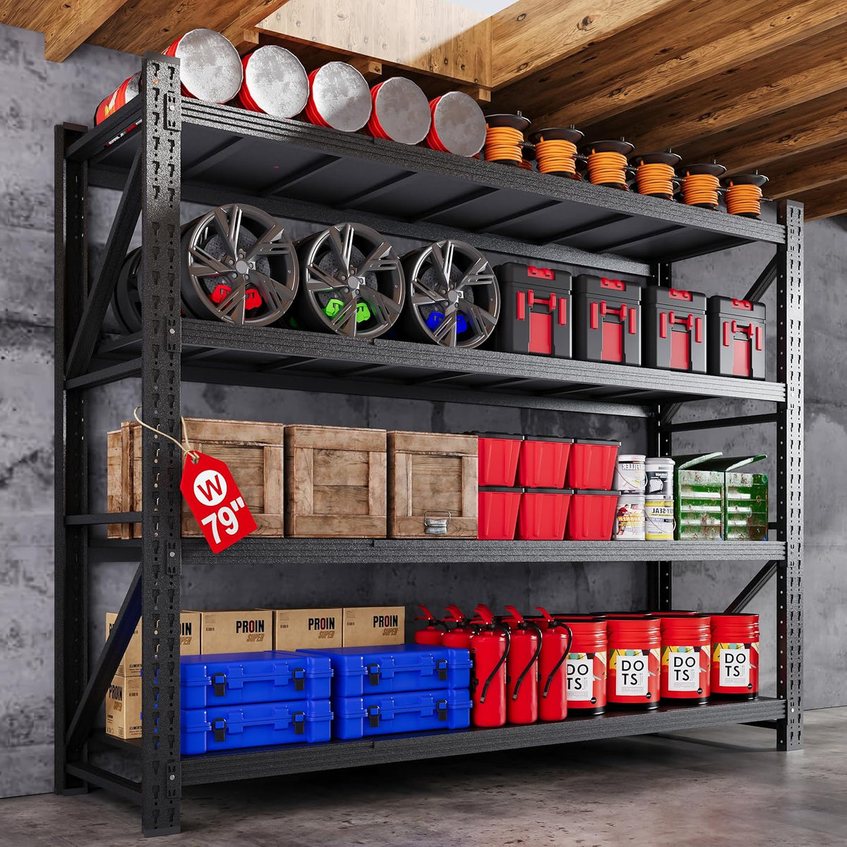 79” W Garage Shelving Heavy Duty, 7000LBS Metal Storage Shelves, 4 Tier Storage Rack Shelf, Steel Industrial Shelving, Adjustable Standing Shelf for Basement/Warehouse 79" W x 24" D x 79" H, Black