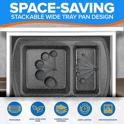Emporio Kitchen Stackable Baking Pan Set - Deluxe Nonstick Gray Marble Coating, Carbon Steel Bakeware Sets, PFOA, PFOS, PTFE Free, Recipe Booklet Included, Oven Safe (Up to 450°F), Set of 7