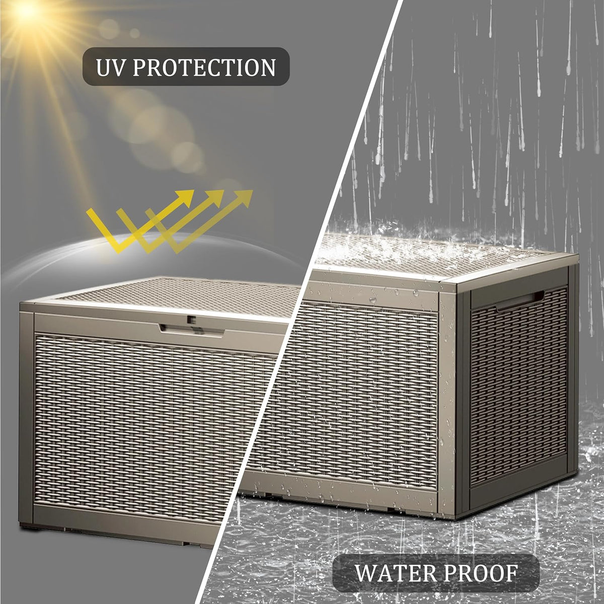 100 Gallon Lockable Resin Deck Box, Waterproof & UV-Resistant Outdoor Storage Box for Outdoor Cushion Storage, Garden Tools & Pool Accessories Storage, Gray