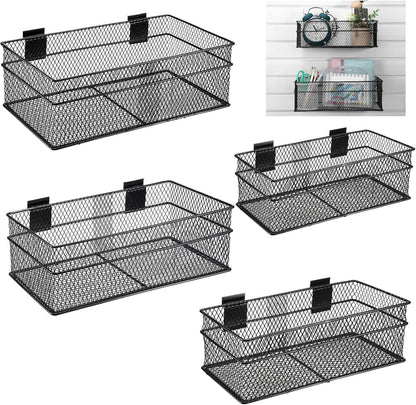 Barydat 4 Pcs Slatwall Basket Set Ventilated Metal Slatwall Basket Hanging Wire Bins Wall Mounted Accessories for Panel Garage Storage Display Organizing(Multi Size,Black)