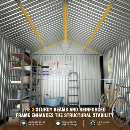 10x12 Ft Outdoor Storage Shed, Extra Large Metal Shed with Lockable Doors, 2 Windows, Outside Steel Tiny House Ideal for Garden, Backyard, Patio Utility, Tool Storage, Chicken Coops